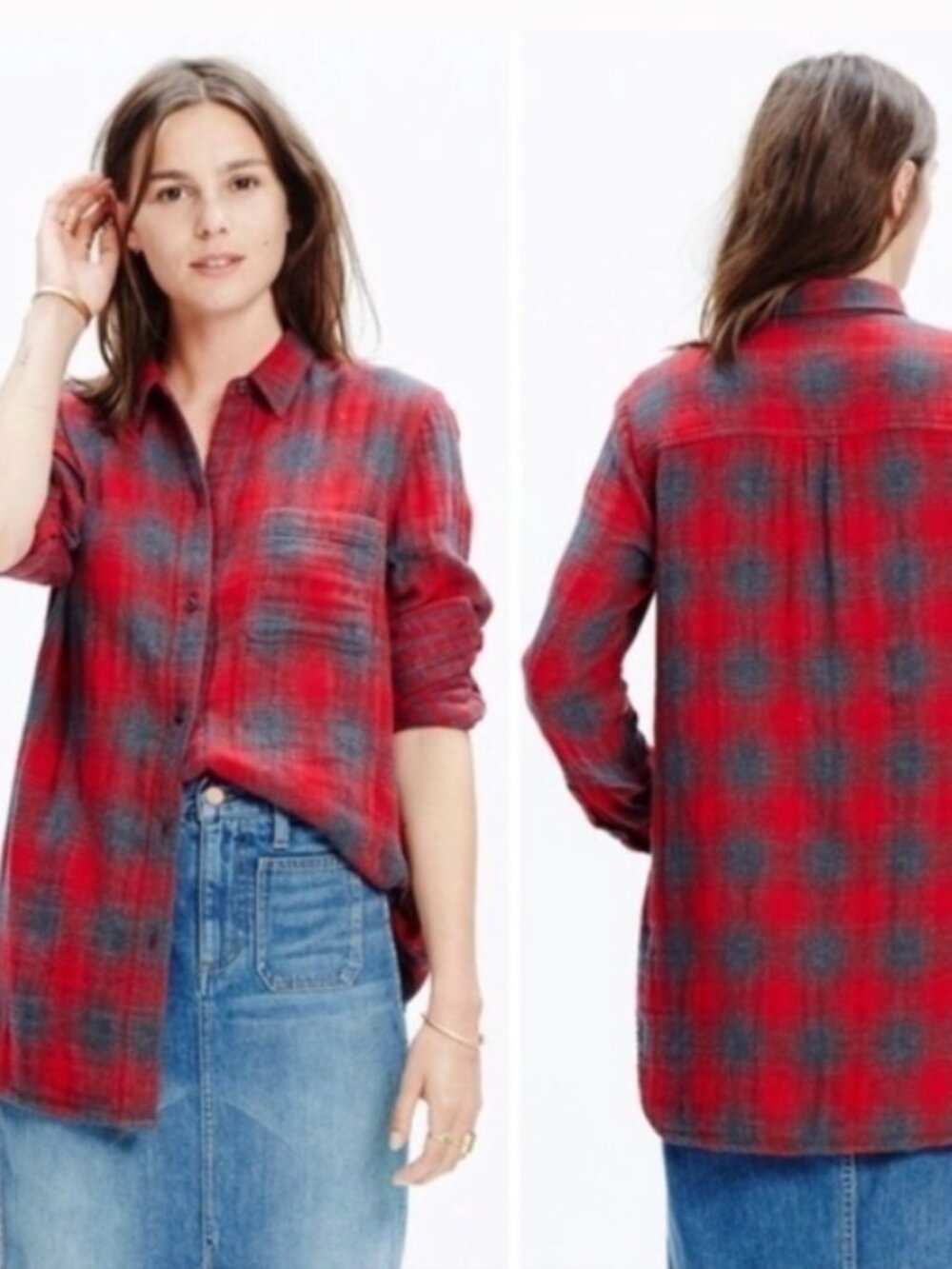 Madewell Ex-Boyfriend Shirt in Lansing Red Grey Plaid Size XS